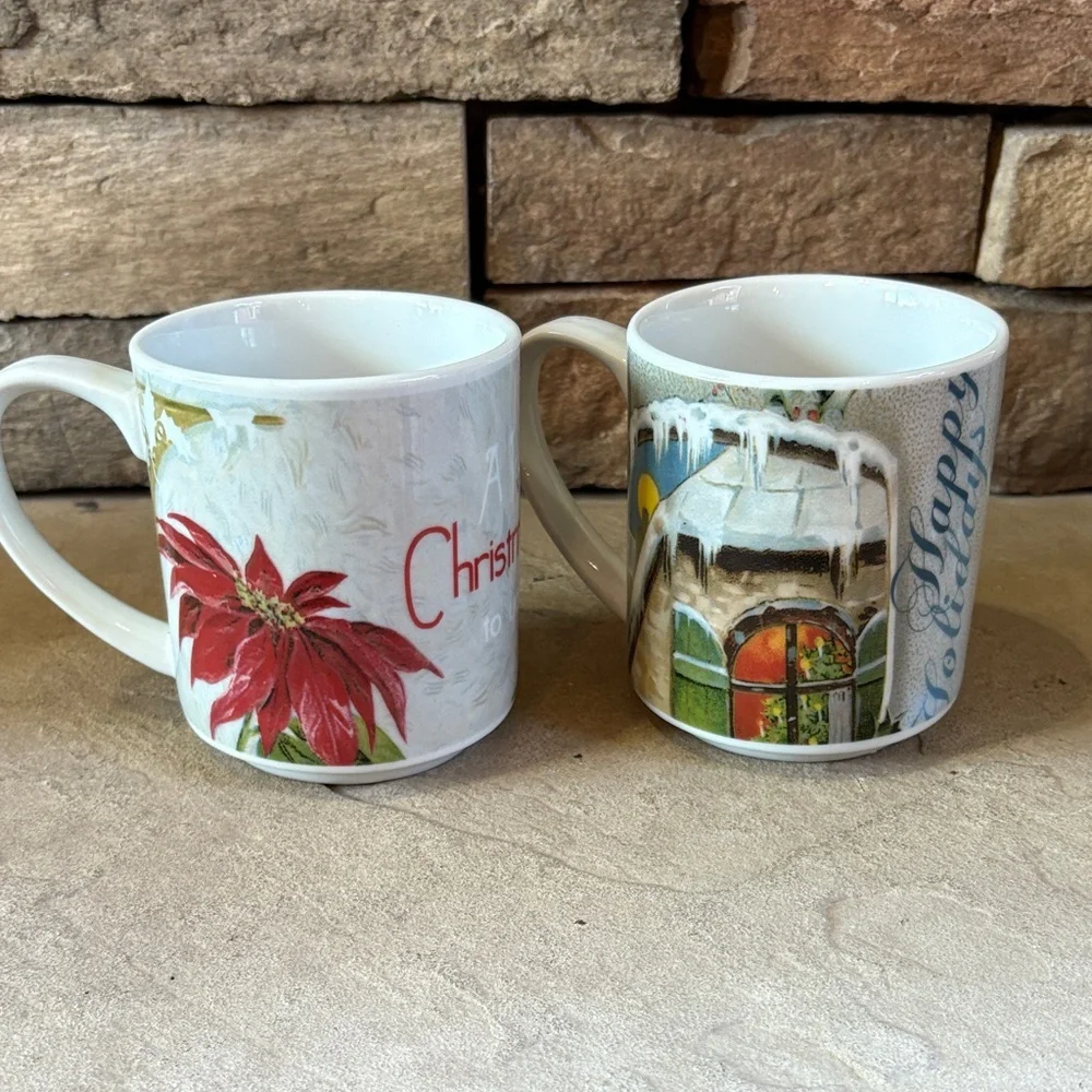 Pottery Barn ceramic holiday mugs with Holly and poinsettias